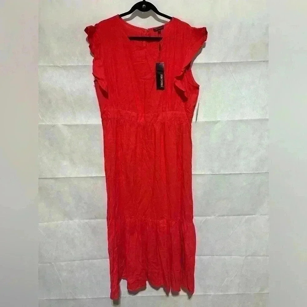 For Cynthia Rowley Maxi Dress XL Tiered Coral Linen Blend Ruffle Sleeve $120 NWT